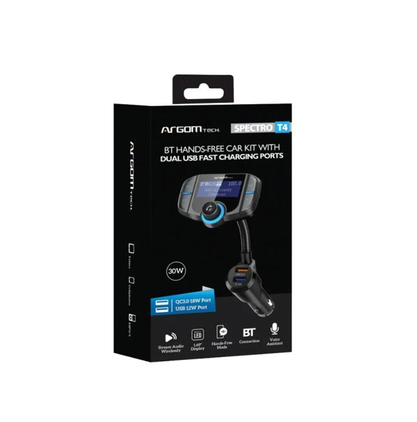 SOPORTE DE CELULAR ARGOM PARA AUTO BT MANOS LIBRES KIT T4 CON PANTALLA Y CARGA RÁPIDA