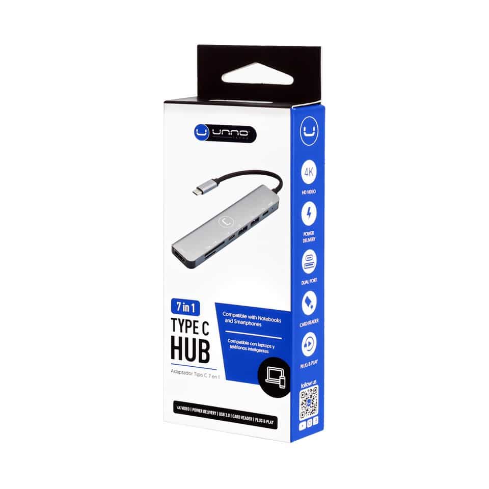 HUB UNNO TEKNO HB1107SV 7 EN 1 USB-C 2 PUERTOS USB-A 1 PUERTO USB-C 1 PUERTO PD 1 PUERTO HDMI 1 RANURA SD Y 1 RANURA MICRO SD PLATEADO