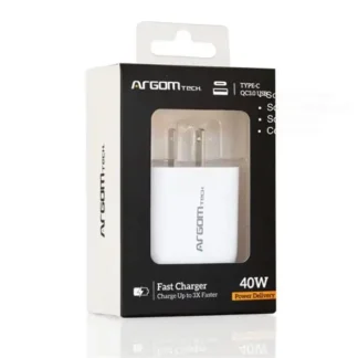 CARGADOR DUAL PD FAST WALL CHARGER ARGOM 2 × TYPE-C 40W ARG-AC-0132WT